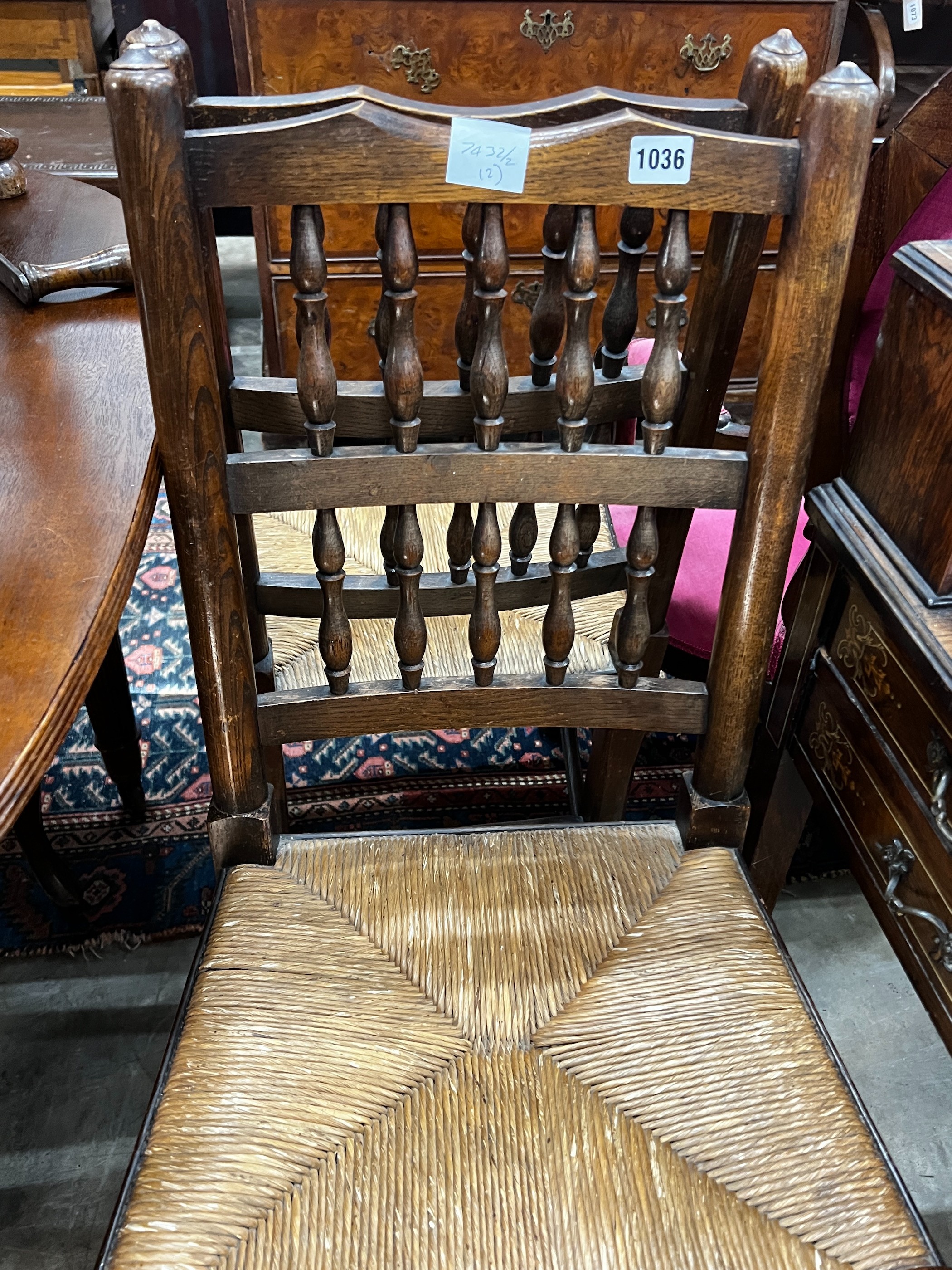 A pair of Lancashire elm and beech rush seat chairs